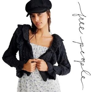 Free People Avery Cardi Knit Ruffle Cropped Cardigan - Black - Size Small